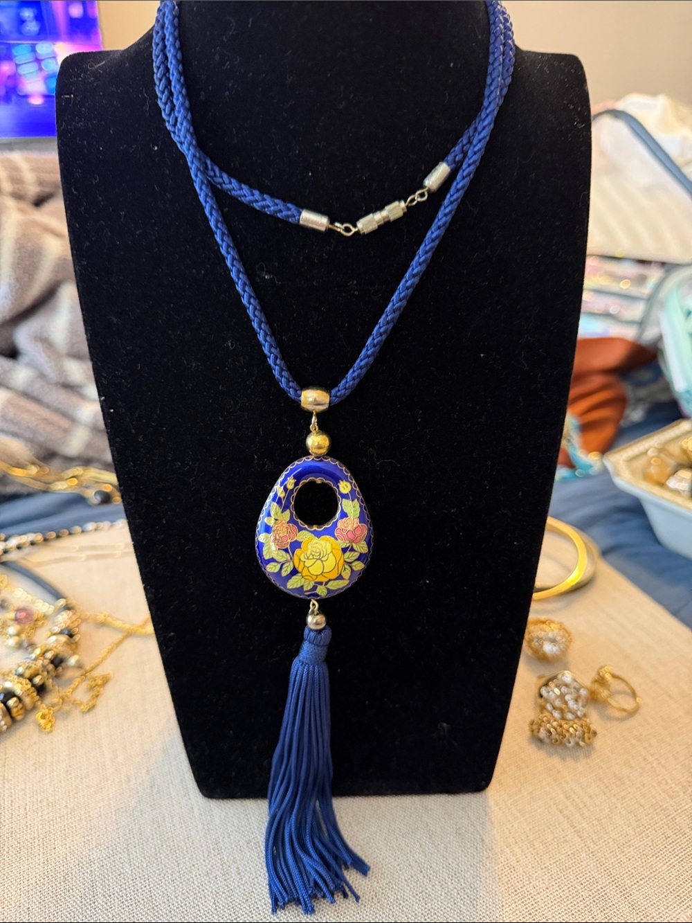 Blue Floral Enamel Pendant Necklace with Tassel
